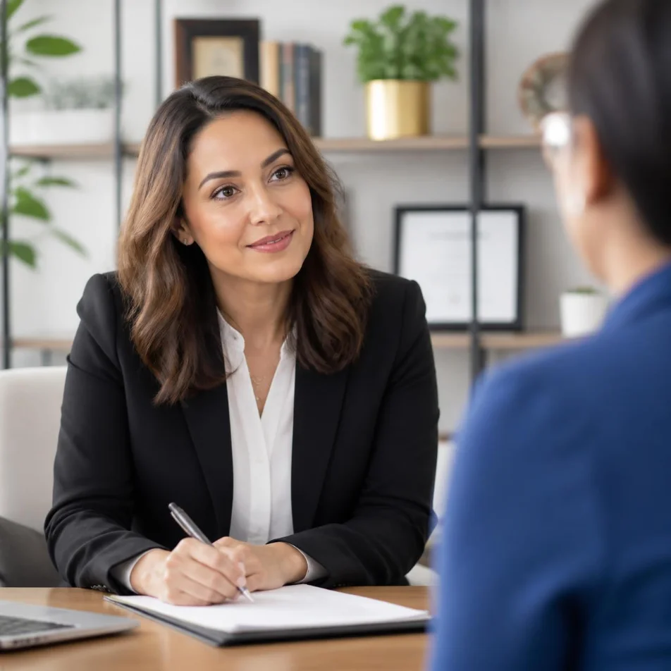 Interpreter meeting a client across a desk during an appointment